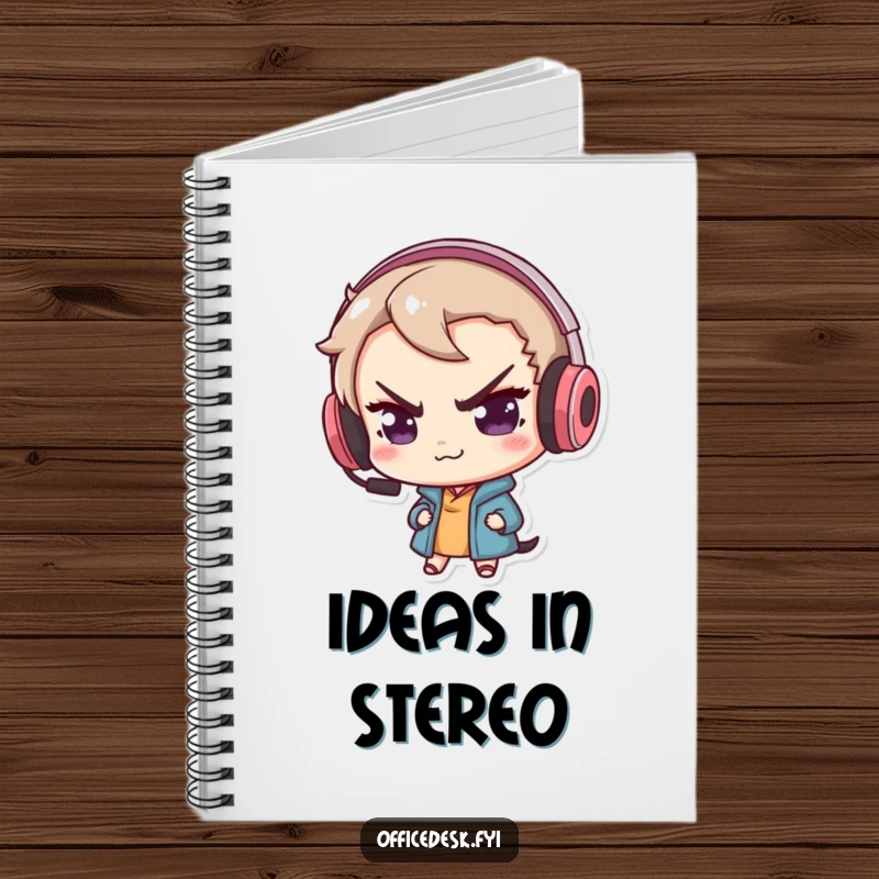 Funny notebook with a cute squirrel character sporting a mischievous smirk and an oversized gaming headset, designed for game plans.