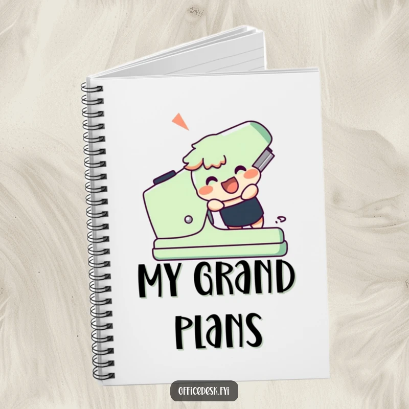 Funny notebook with a cheerful character attempting to use a giant stapler, inspiring humorous goal-setting.