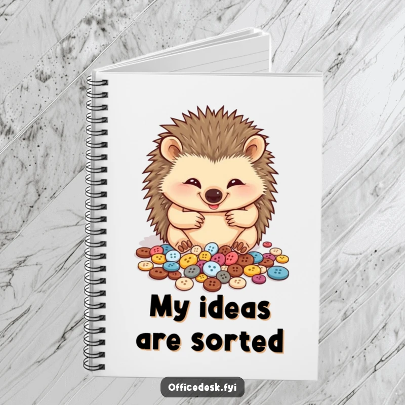 Funny notebook with a cheerful hedgehog meticulously organizing its collection of very small buttons, perfect for jotting down organized thoughts.