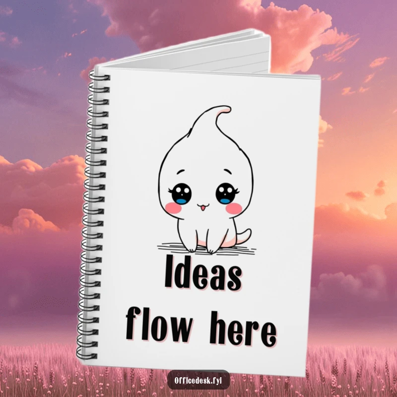 Funny notebook cover with a kawaii pen character drawing a doodle with a flourish, ideal for sketching and note-taking.