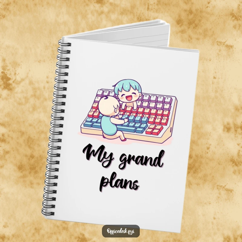 Funny Notebook: A small, joyful character typing with enthusiasm on an impossibly large keyboard, inspiring note-taking.