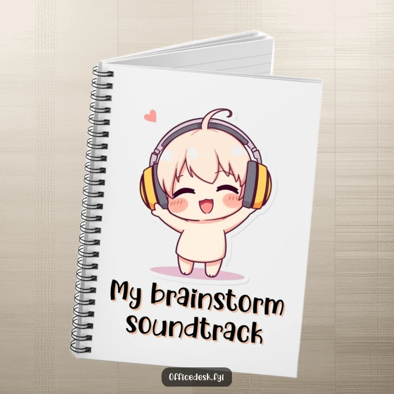 Funny notebook cover with a character in oversized headphones, joyfully bobbing its head, perfect for music-themed notes.
