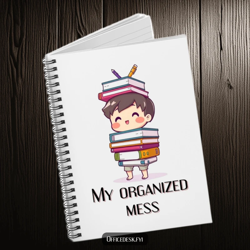 Funny notebook with a cute character balancing a teetering stack of office supplies, inspiring humorous note-taking.