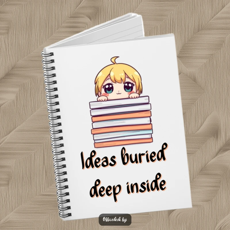 Funny notebook with a cute character peeking over a giant stack of papers, eyes wide, ideal for humorous note-taking.