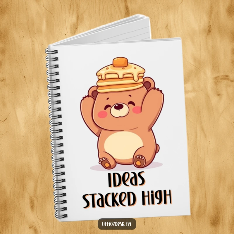 Funny notebook with a design of a clumsy bear trying to balance a tall stack of pancakes on its head, inspiring creative and funny notes.