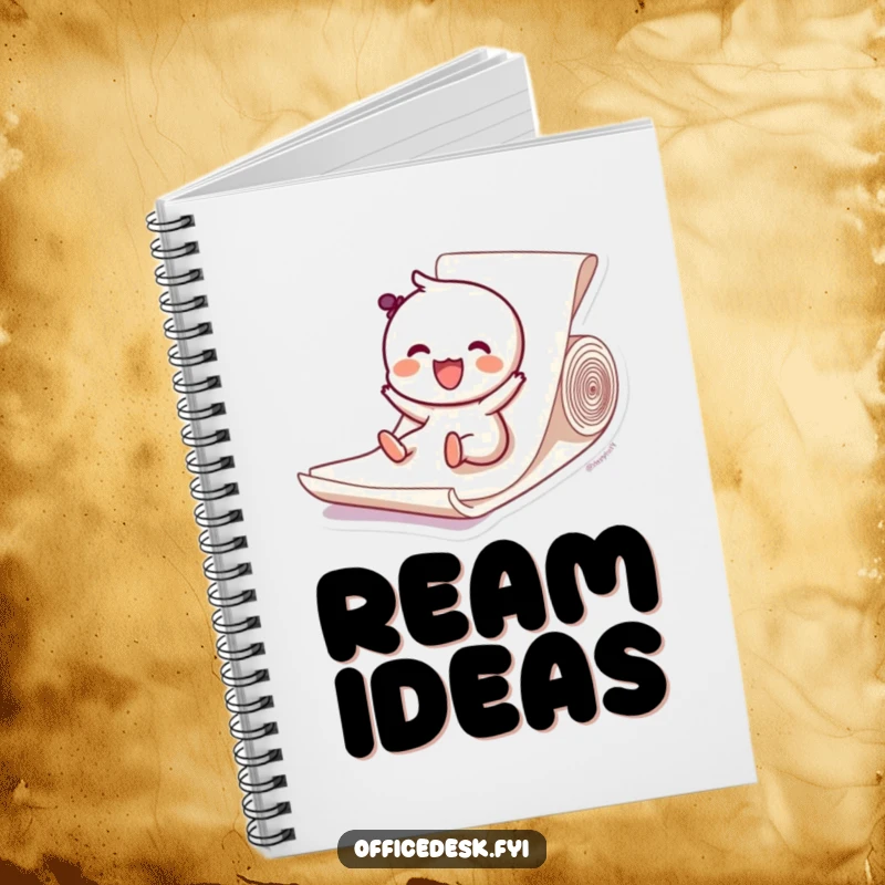 Funny notebook with a happy character sliding down a paper ream, encouraging creativity and joyful note-taking. Ideal for writers.