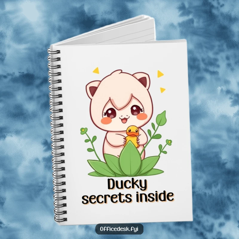 Funny notebook with a cute character hiding a rubber ducky in a plant, designed for jotting notes with a mischievous flair.