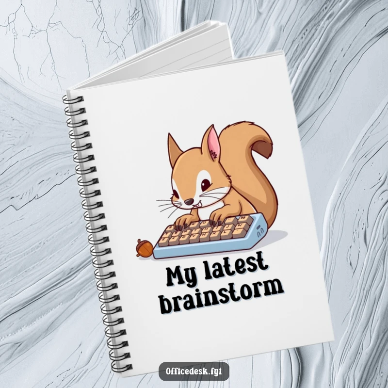 Funny squirrel furiously typing, notebook for journaling and jotting down determined ideas.