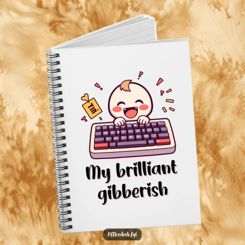Funny Notebook: A small, smiling keyboard icon joyfully typing a chaotic yet happy message, inspiring creative writing and digital notes.