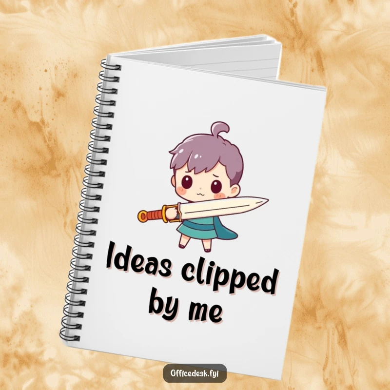 Funny notebook with a tiny character holding a large paperclip sword, ideal for jotting down humorous adventures.