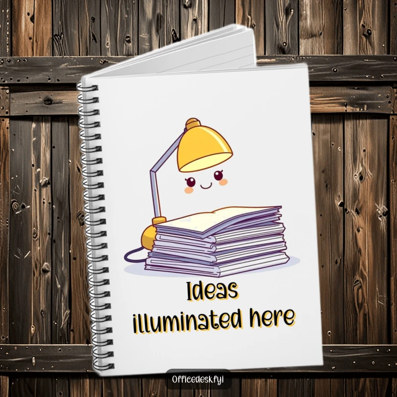 Funny desk lamp notebook, a miniature grinning lamp character illuminating a pile of papers, perfect for jotting down ideas.