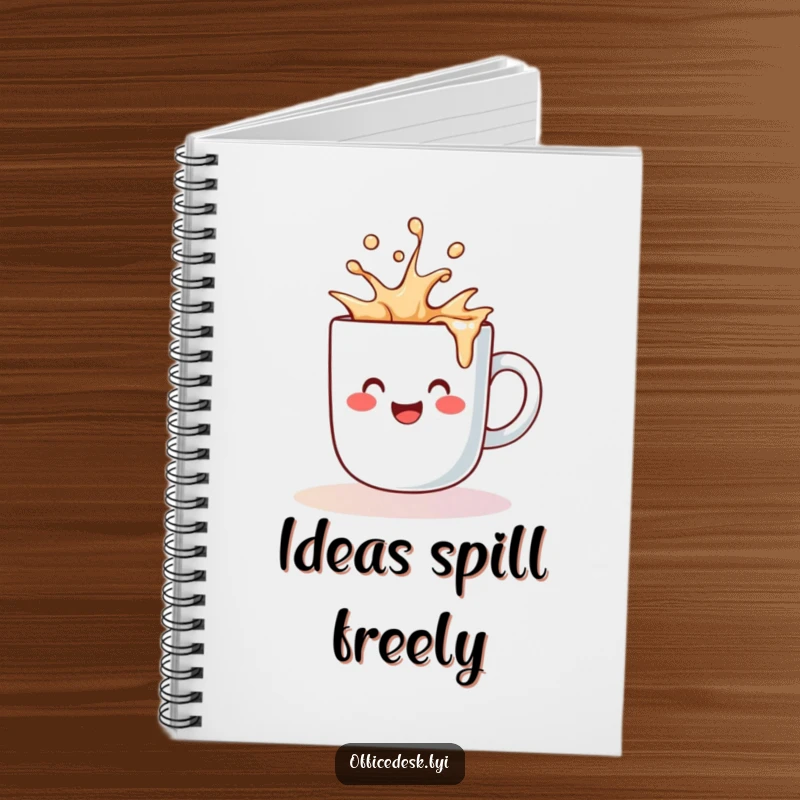 Funny notebook cover with a cute coffee mug character happily spilling liquid, ideal for jotting down cheerful thoughts.