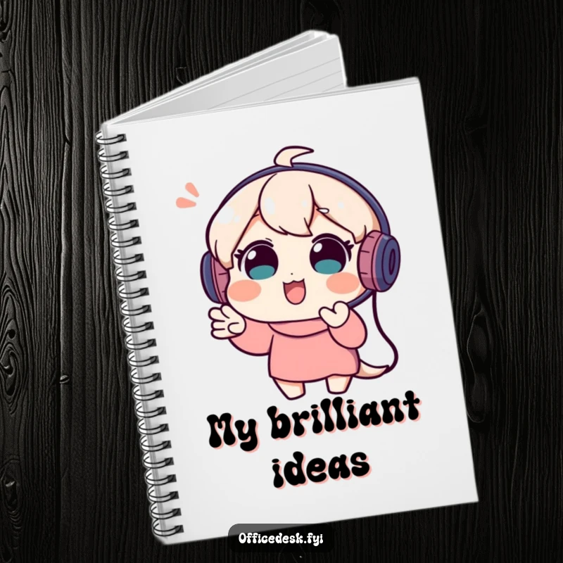 Funny notebook with a playful character wearing a headset, gesturing during a video call, designed for expressive note-taking.