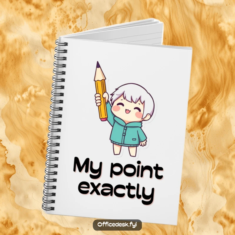 Funny notebook with a tiny character holding a sharp pencil, encouraging note-taking and creative brainstorming. Ideal for students.