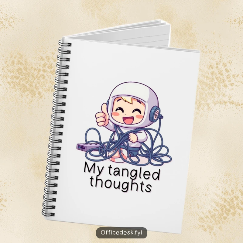 Funny cheerful character giving a thumbs up while tangled in computer cables on a notebook cover for humorous note-taking.