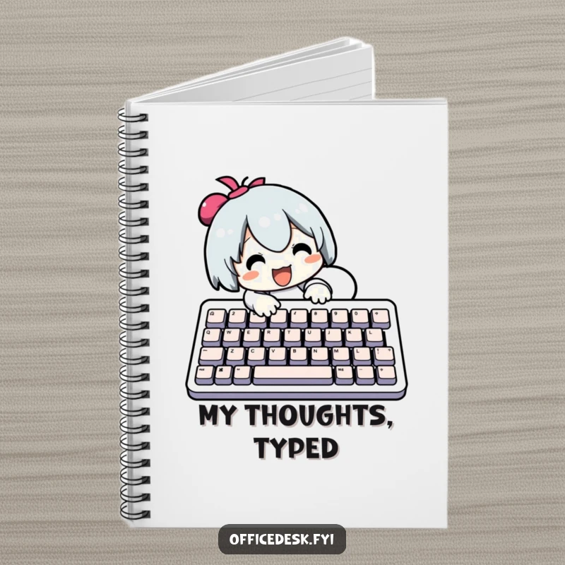 Funny Notebook: Character typing diligently on a comically oversized keyboard, inspiring creativity and humor. A practical funny gift.