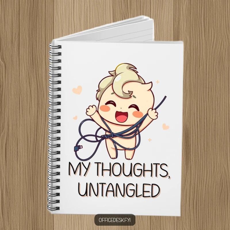 Funny notebook with a joyful character successfully untangling a chaotic bundle of wires, designed for organized thoughts and planning.