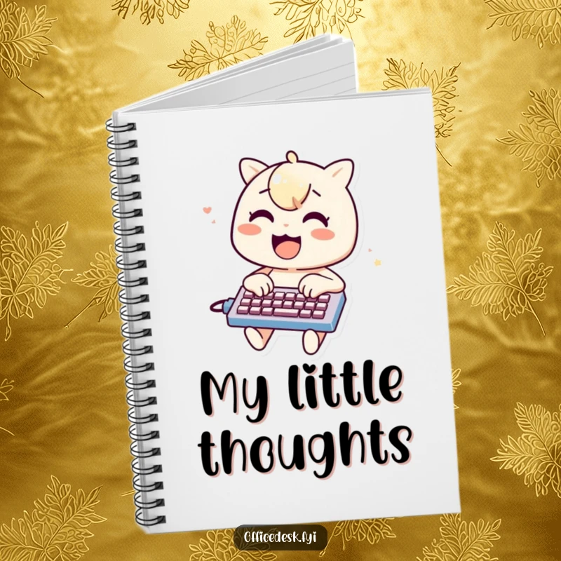 Funny notebook cover featuring a cheerful character typing on a miniature keyboard, excellent for journaling and humor.