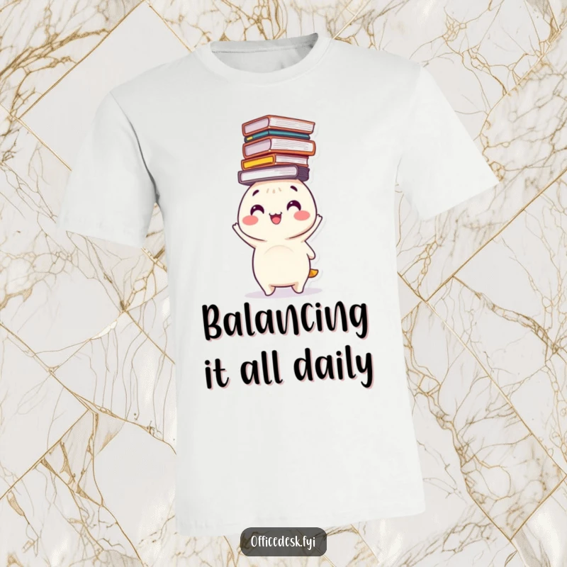 Funny t-shirt with a happy character balancing a precarious stack of files on its head, perfect for relatable work and organization humor.