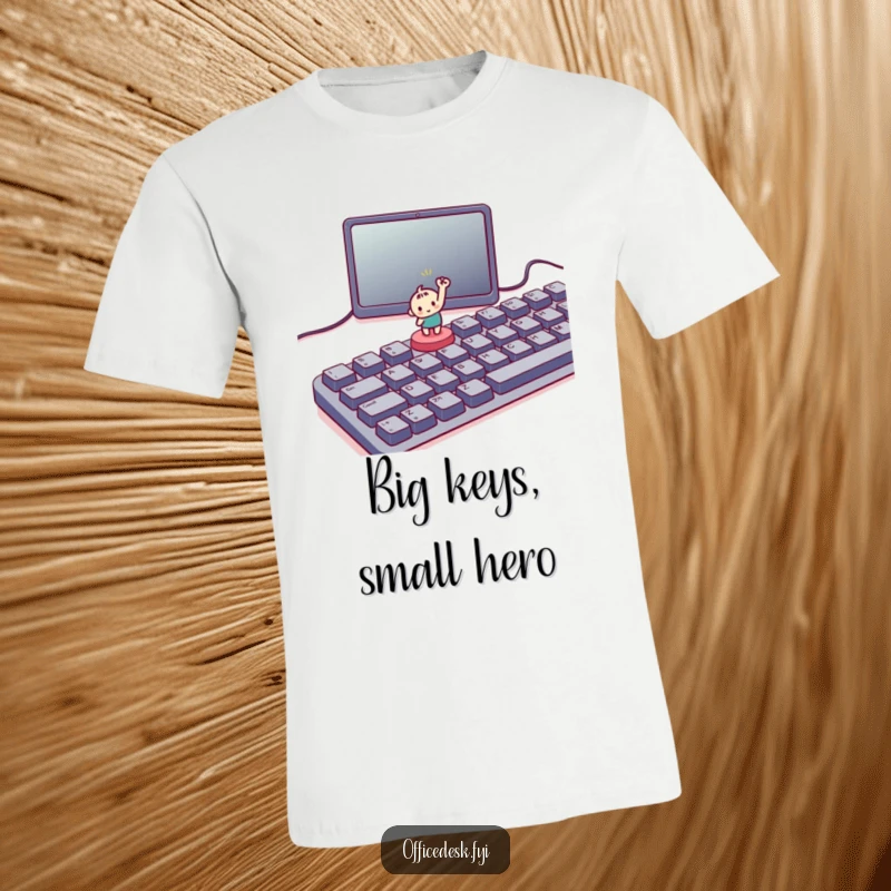 Funny t-shirt with a small character triumphantly hitting a tiny button on a large keyboard, perfect for tech and victory humor.