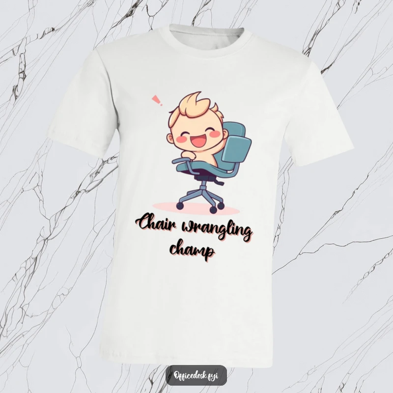 Funny t-shirt depicting a smiling character gleefully wrestling with a rogue, runaway office chair in a dynamic chase scene.
