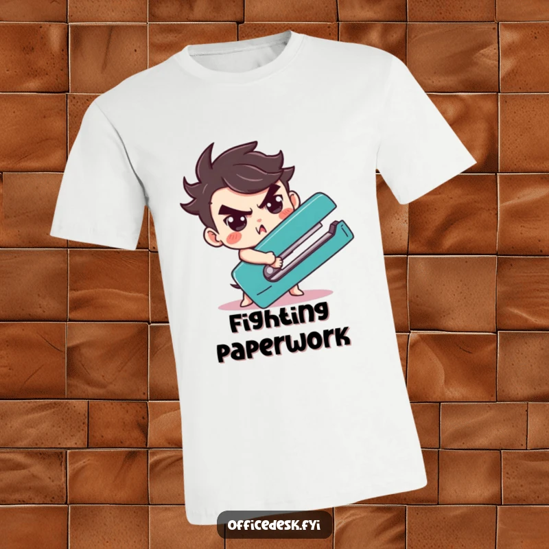 Funny cute character determinedly wrestling a giant stapler, printed on a humorous t-shirt for office warriors.