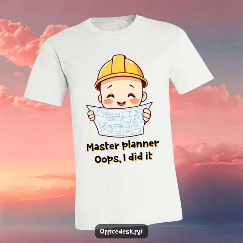 Funny construction worker smiling, hard hat on, reading blueprint, ready to construct, amazing funny t-shirt.