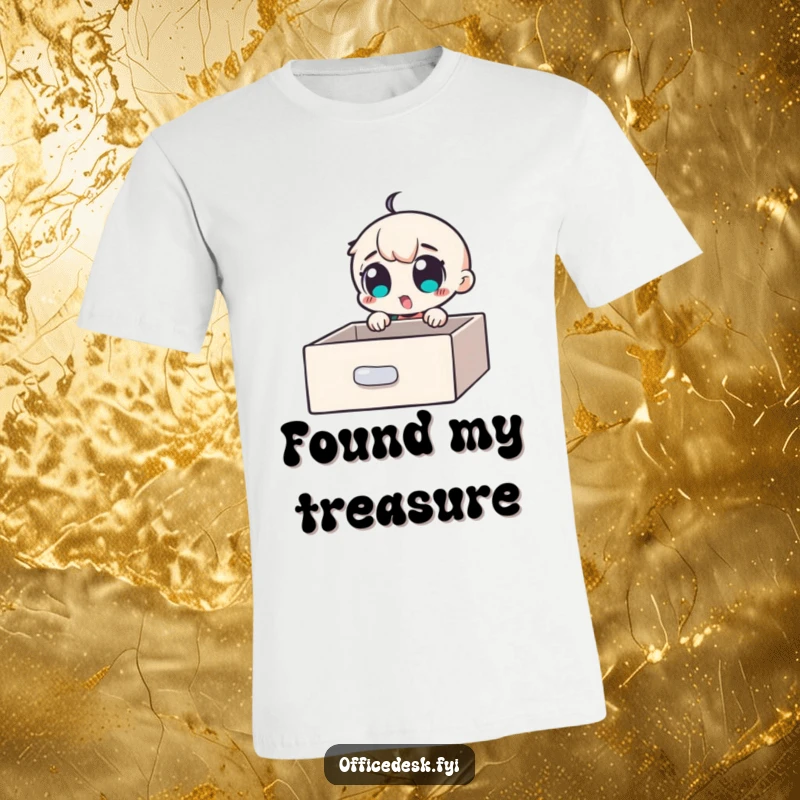 Funny T-Shirt: A small character with wide, excited eyes looking into a desk drawer, revealing a secret hidden compartment.