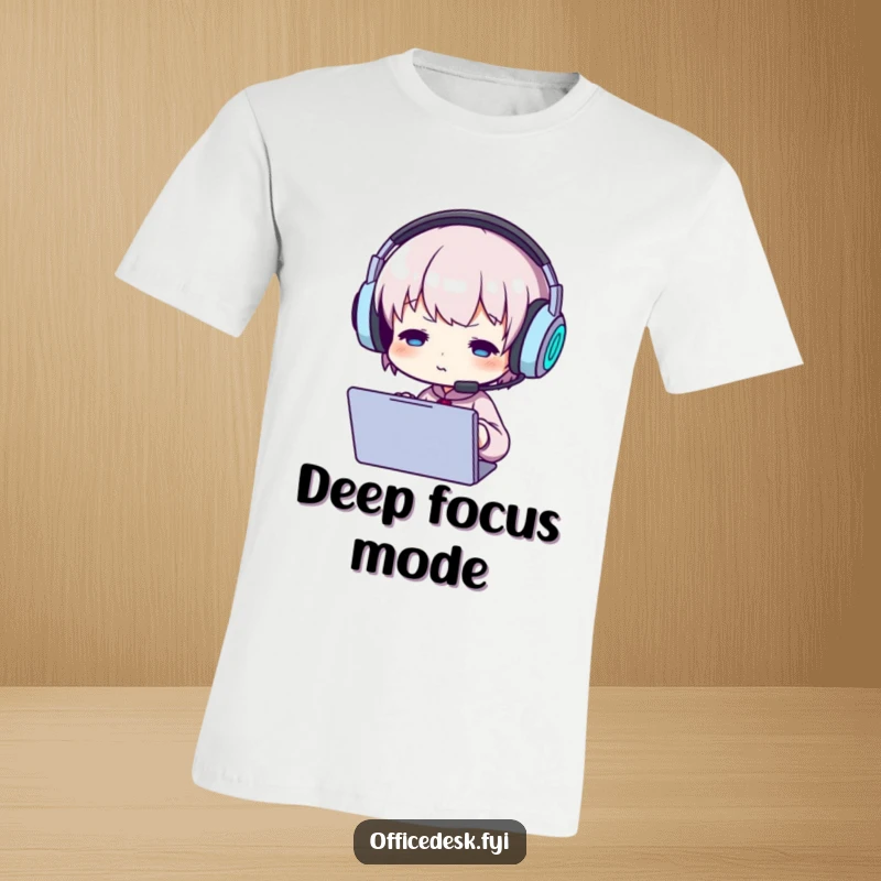 Funny t-shirt with a small character wearing huge headphones, eyes glued to a screen, demonstrating extreme focus and immersion.