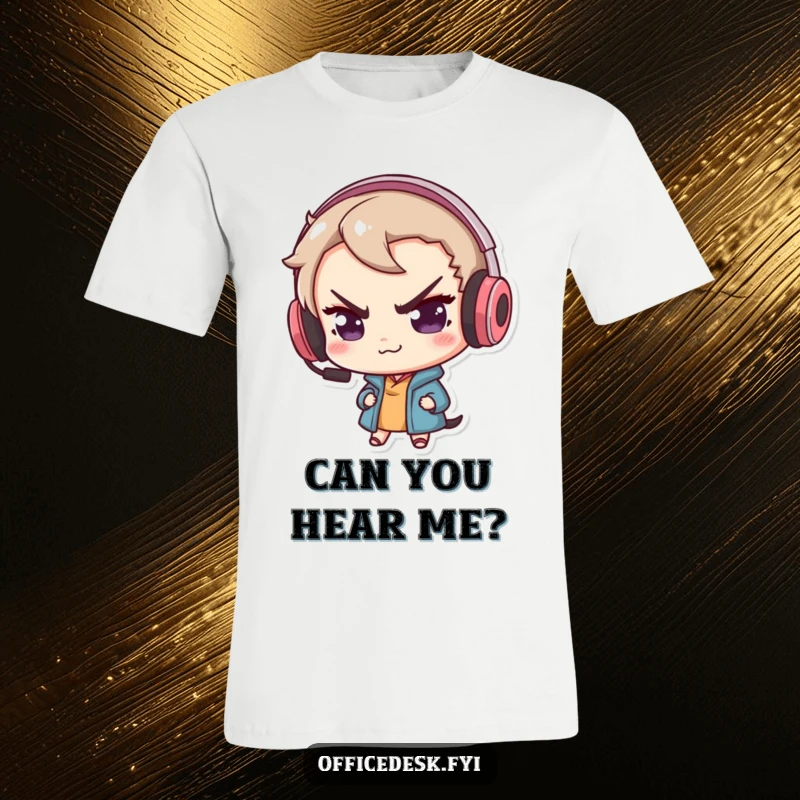 Funny t-shirt featuring a cute dog with a mischievous smirk, wearing a large gaming headset, celebrating gamer culture.