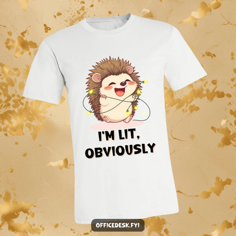 Funny hedgehog t-shirt, a small hedgehog is hilariously wrapped up in a strand of glowing fairy lights, festive and cute.
