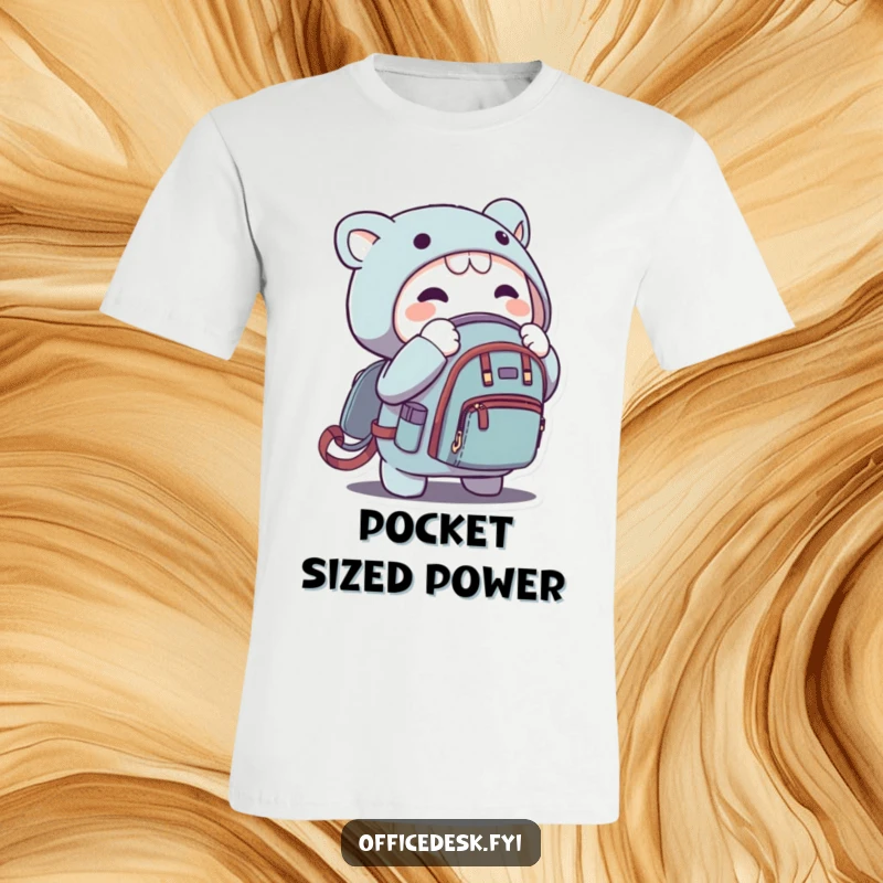 Funny t-shirt featuring a character enthusiastically zipping a microscopic backpack, symbolizing fun and humorous small goals.