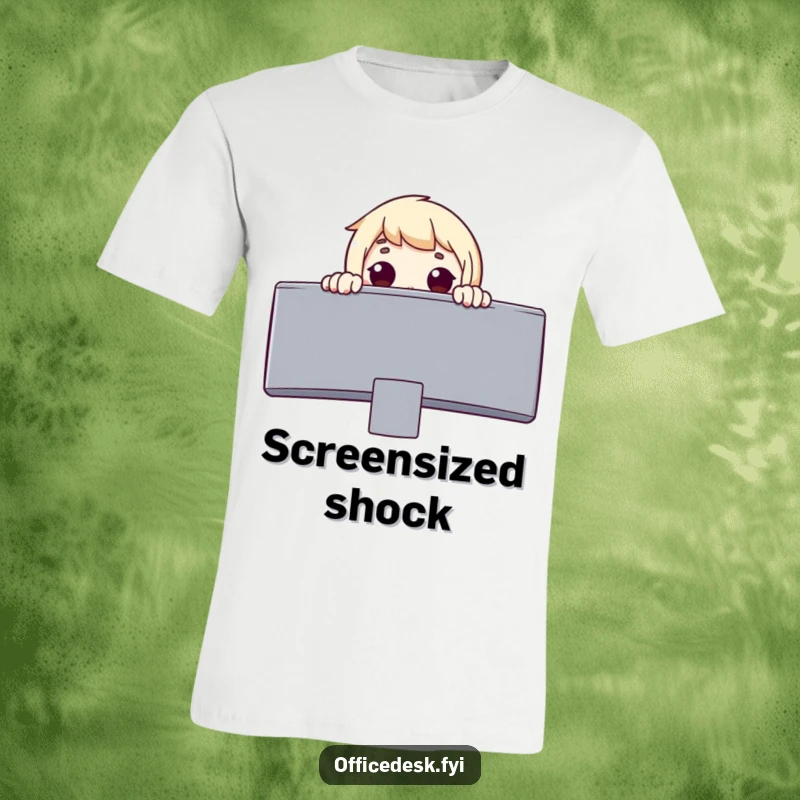 Funny t-shirt depicting a surprised character peeking over a massive monitor with a look of pure wonder and astonishment.