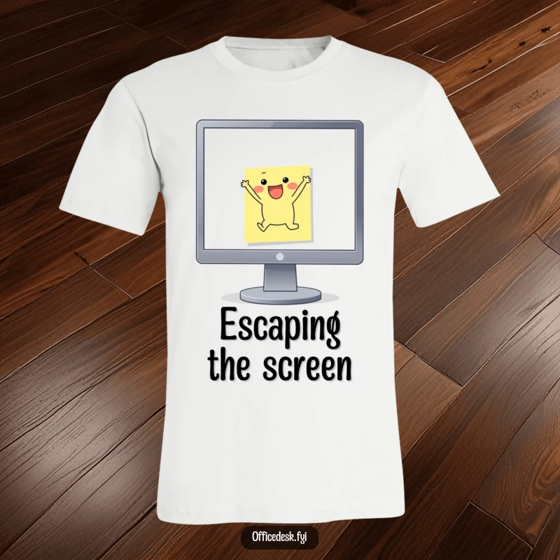 Funny T-Shirt: A cheerful sticky note character gleefully jumping off the edge of a computer monitor, representing inspiration and action.