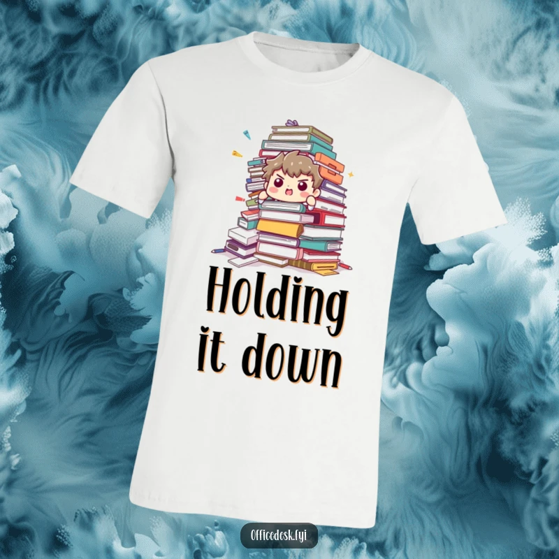 Funny T-Shirt: A determined character struggles to support a chaotic avalanche of office supplies, symbolizing task management.