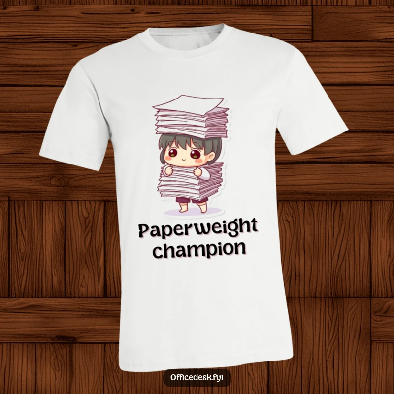 Funny T-Shirt: Focused character precariously balances an enormous stack of papers, a symbol of overwhelming tasks.
