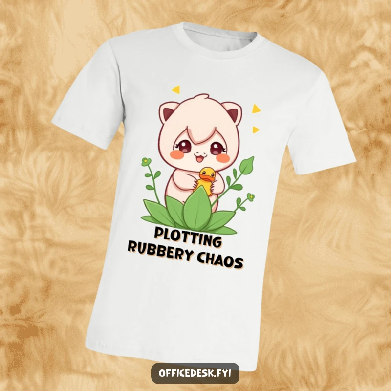 Funny t-shirt with a cute character hiding a rubber ducky in a plant, celebrating playful mischief and lighthearted fun.