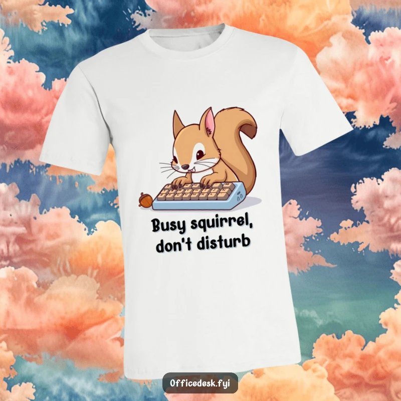 Funny squirrel comically typing furiously on a tiny keyboard with acorn-shaped keys, busy worker theme, t-shirt.