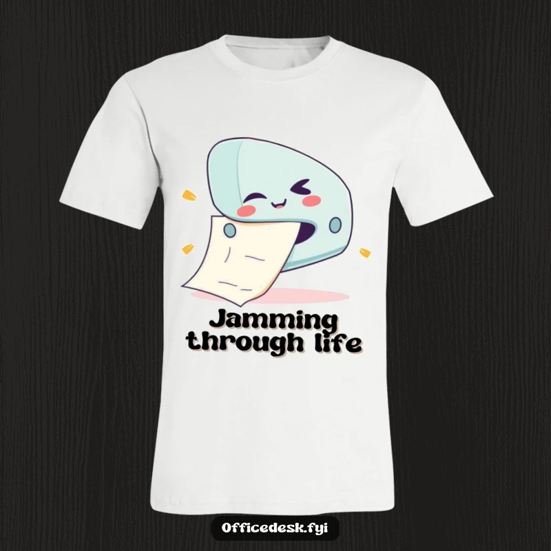 Funny T-shirt with a cute stapler character giving a mischievous wink while jamming a huge piece of paper.