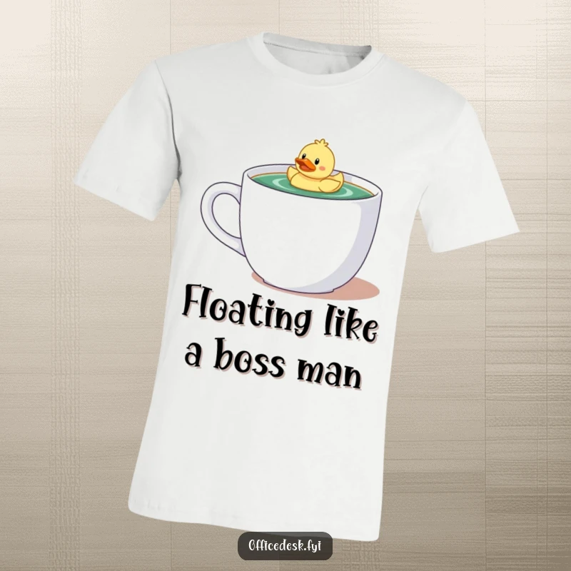 Funny t-shirt showcasing a tiny character with a rubber ducky floating happily in a gigantic coffee mug, a whimsical scene.