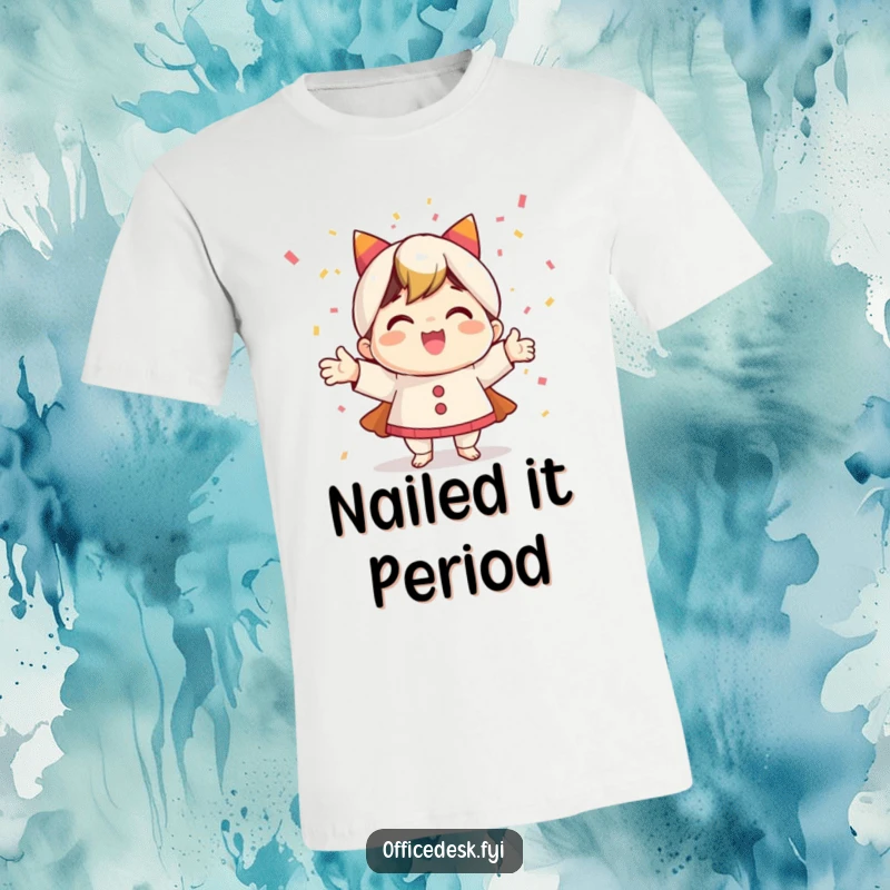 Funny t-shirt featuring a jubilant character surrounded by a shower of confetti, celebrating the successful completion of a task.