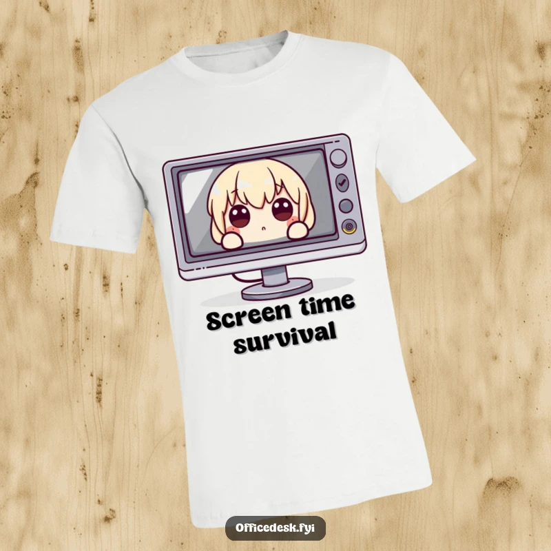 Funny T-Shirt: A character peeking with wide, apprehensive eyes from behind an enormous monitor, depicting screen addiction humorously.
