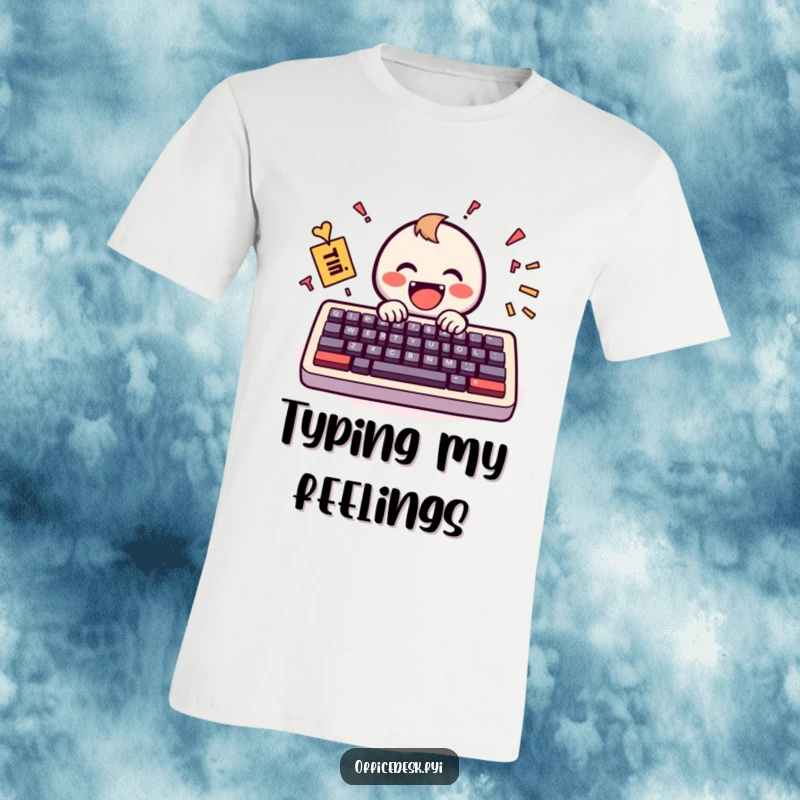 Funny T-Shirt: A tiny, cheerful keyboard icon enthusiastically typing a chaotic yet uplifting message, perfect for tech enthusiasts.