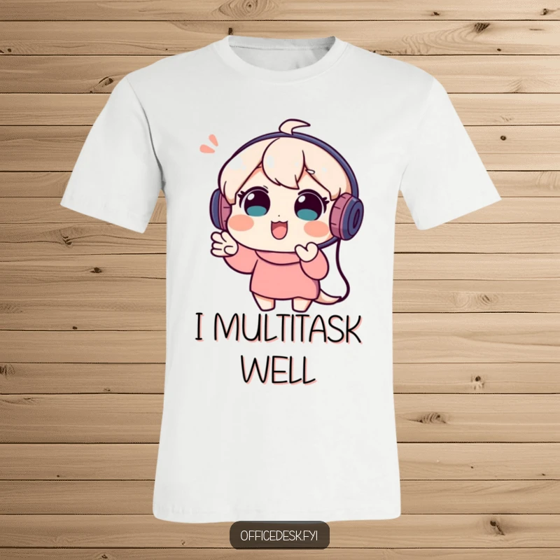 Funny t-shirt with a playful character wearing a headset, energetically gesturing during a virtual video call, full of expression.