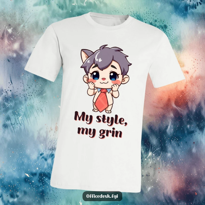 Funny Character T-Shirt: A curious character with a grin, adjusting a large, whimsical tie, showcasing playful fashion.