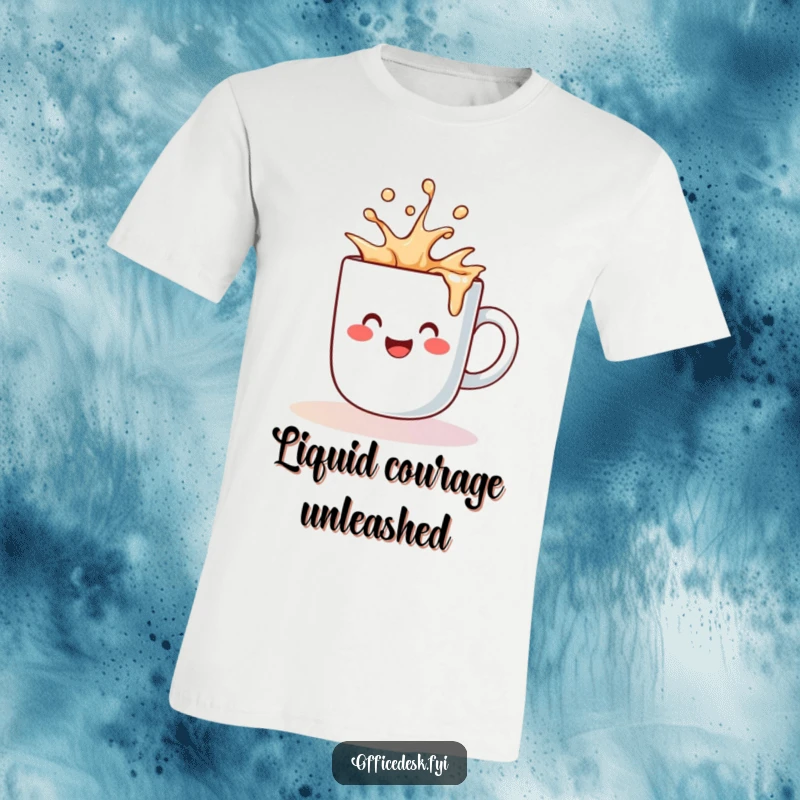 Funny t-shirt featuring a cute coffee mug character joyfully spilling a splash of liquid, celebrating happy messes.