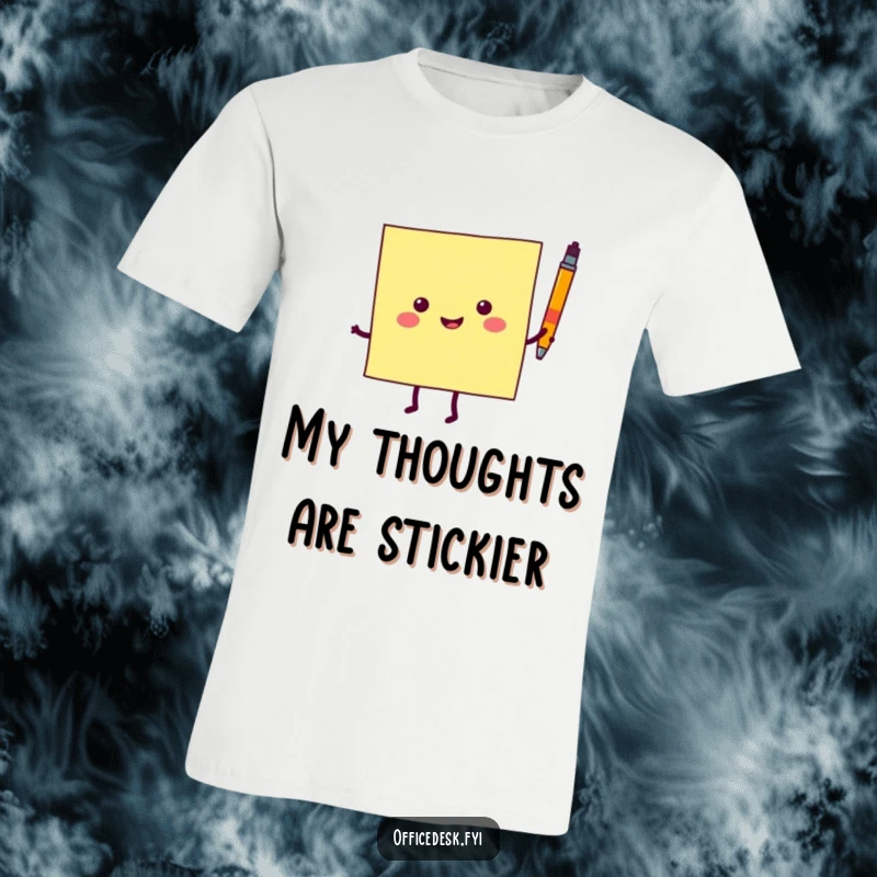 Funny t-shirt showcasing a happy sticky note character energetically dancing with a little pen, radiating positivity and fun.