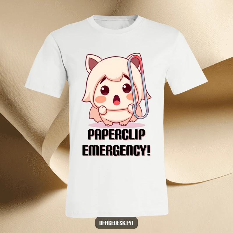 Funny t-shirt showing a cute character with a surprised gasp staring at a massive, runaway paperclip, embodying office absurdity.