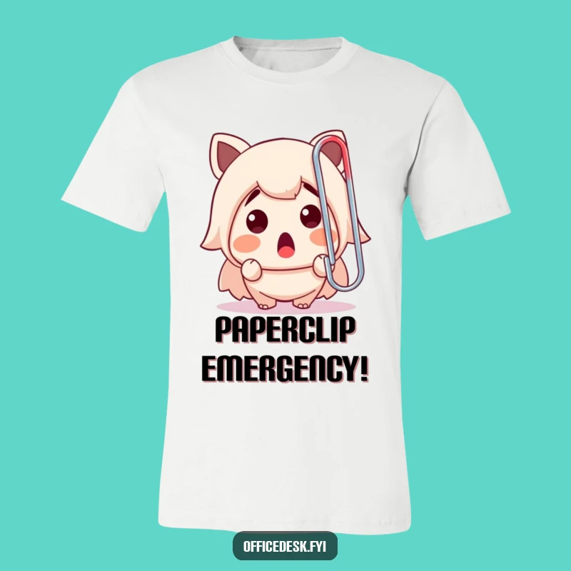 Funny T-Shirt: Character's Shock at Giant Paperclip, Relatable Office Humor Tee