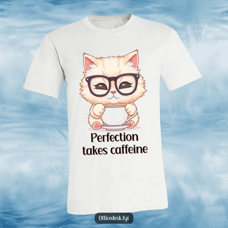 Funny Cat Glasses T-Shirt: A fluffy cat wearing large spectacles, meticulously cleaning a small teacup, a humorous and stylish top.